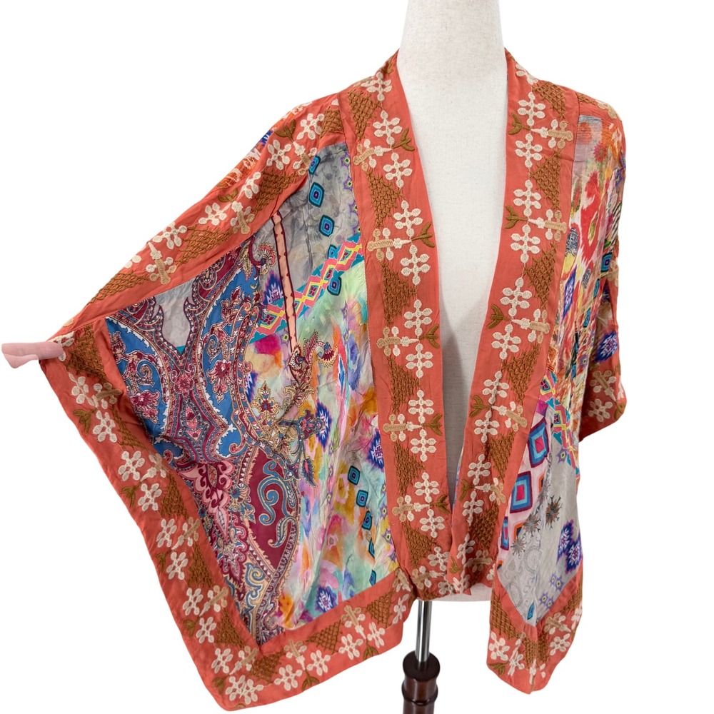 Feathers by Tolani Kimono Cardigan XXL Patchwork Paisley Embroidery Cupro Boho